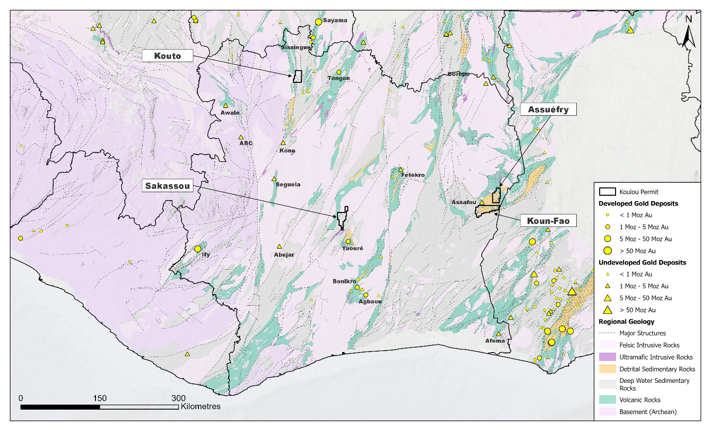 Figure 4. Regional geology with significant gold deposits, and Koulou project locations